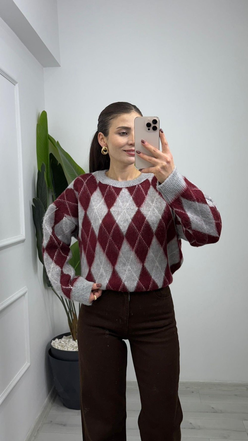 4652 Baklava Desenli Yumoş Triko Kazak Gri Bordo