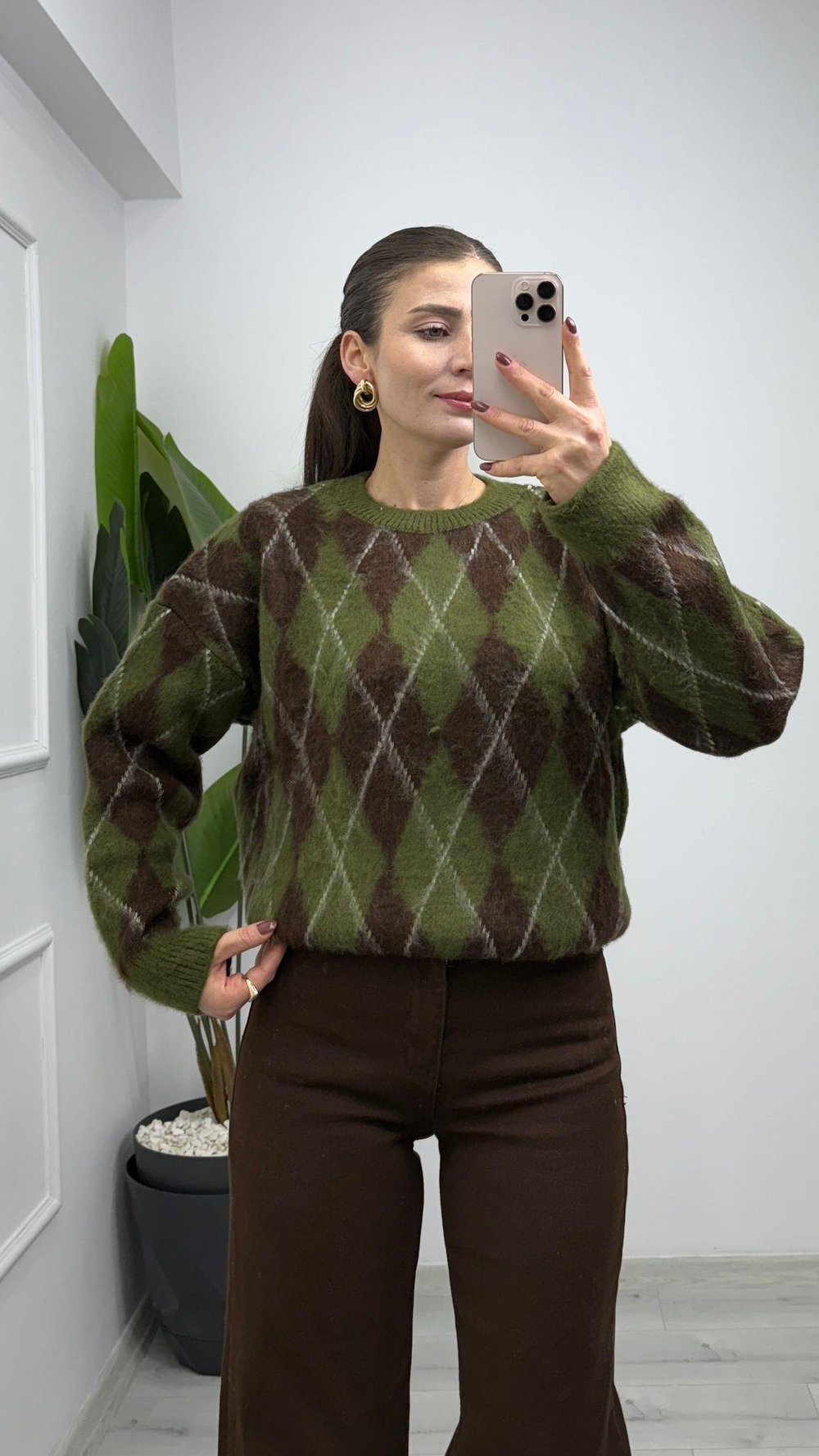 4652 Baklava Desenli Yumoş Triko Kazak Haki Kahve