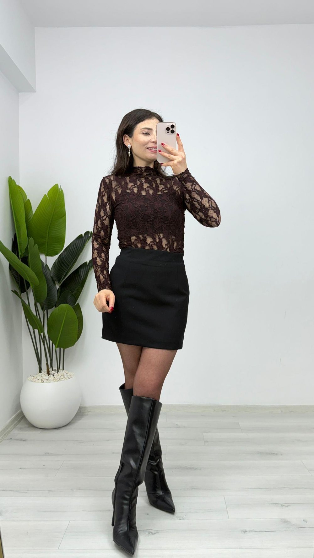 4701 Balıkçı Yaka Transparan Dantel Bluz Bordo