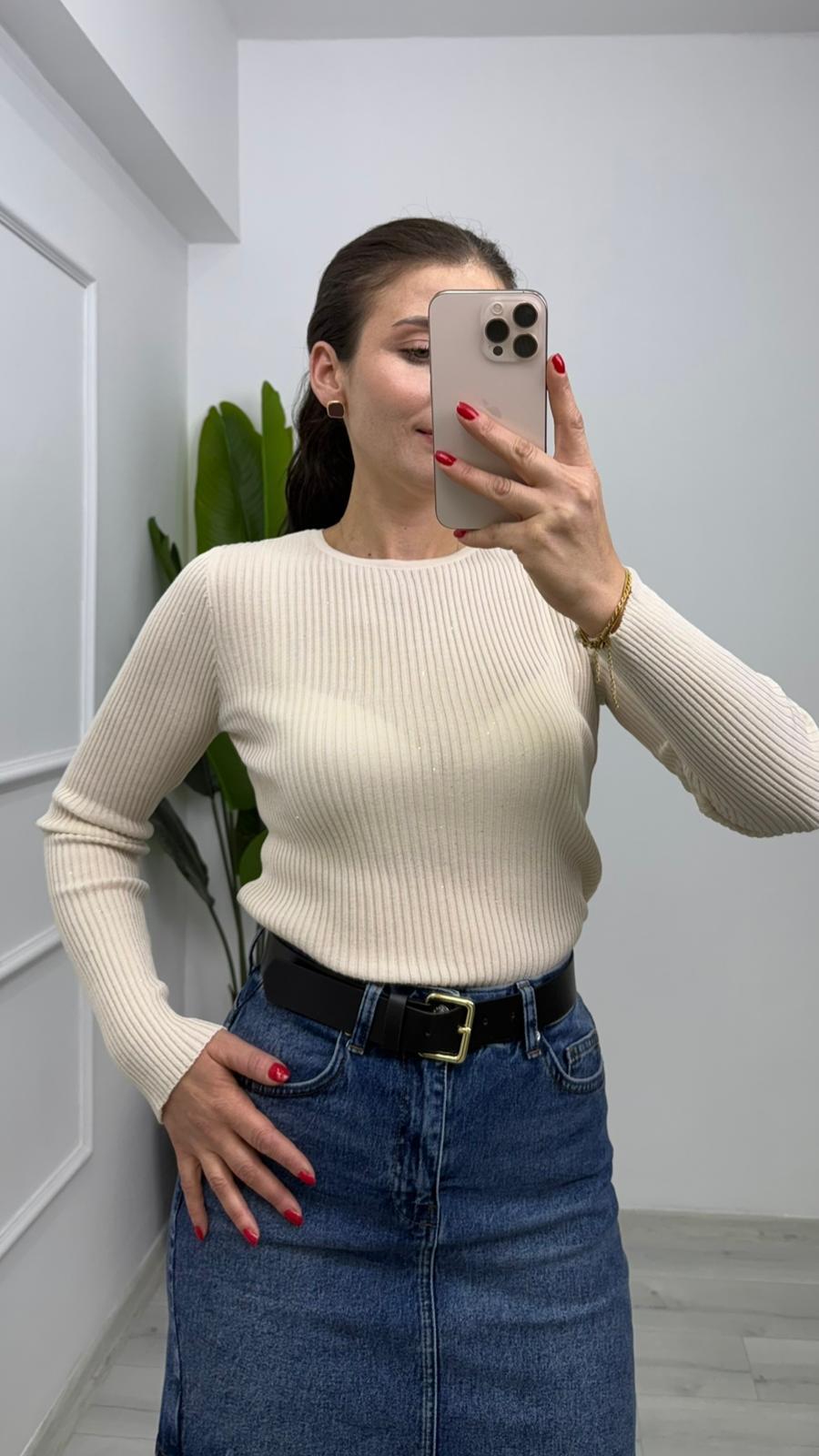 4798 Fitilli Sim Detaylı Triko Bluz Krem