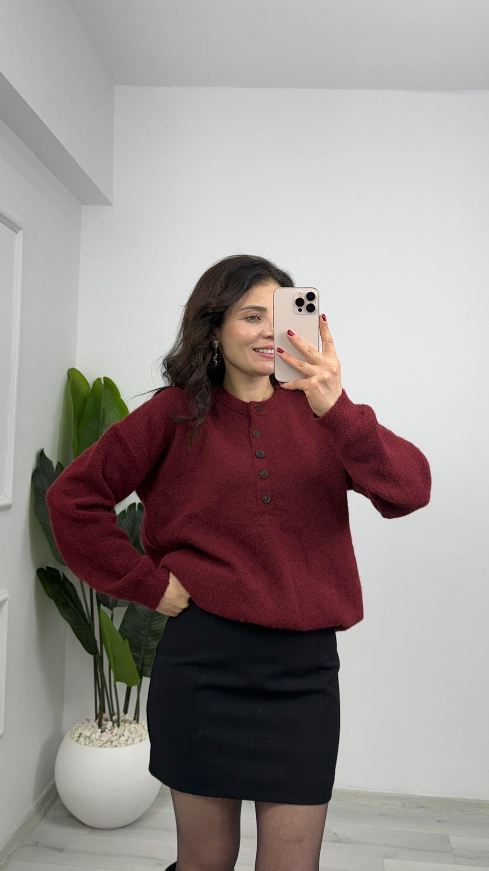 5043 Düğme Detaylı Yumoş Triko Kazak Bordo