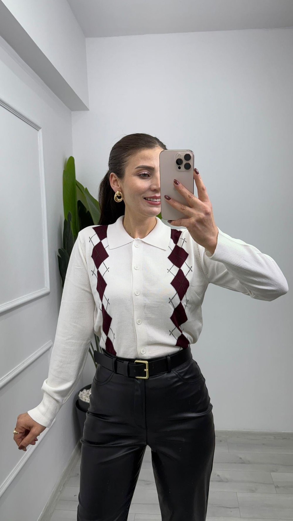 5044 Geometrik Desenli İnce Triko Hırka Krem