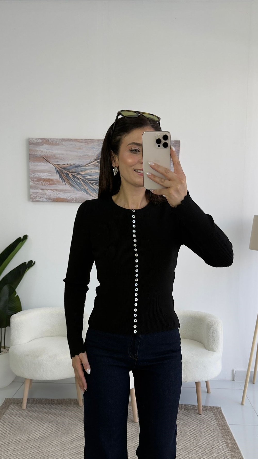 5347 Düğme Detaylı Fitilli Triko Bluz Siyah