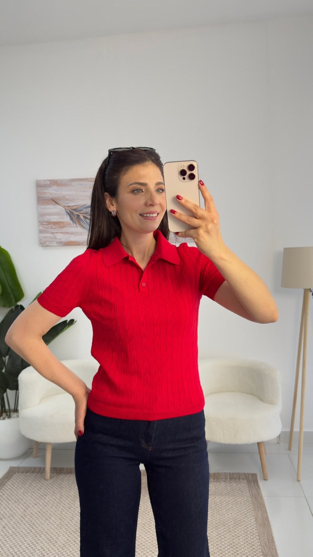 5459 Polo Yaka Saç Örgüsü Triko Bluz Kırmızı