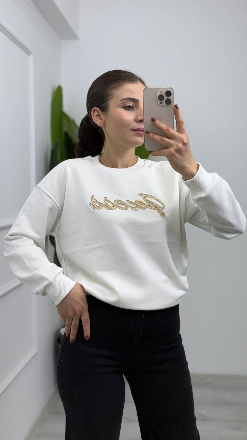 5763 Taş Ve İşleme Detalı Sweat Beyaz