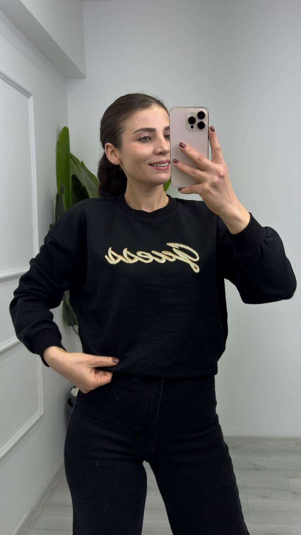 5763 Taş Ve İşleme Detalı Sweat Siyah