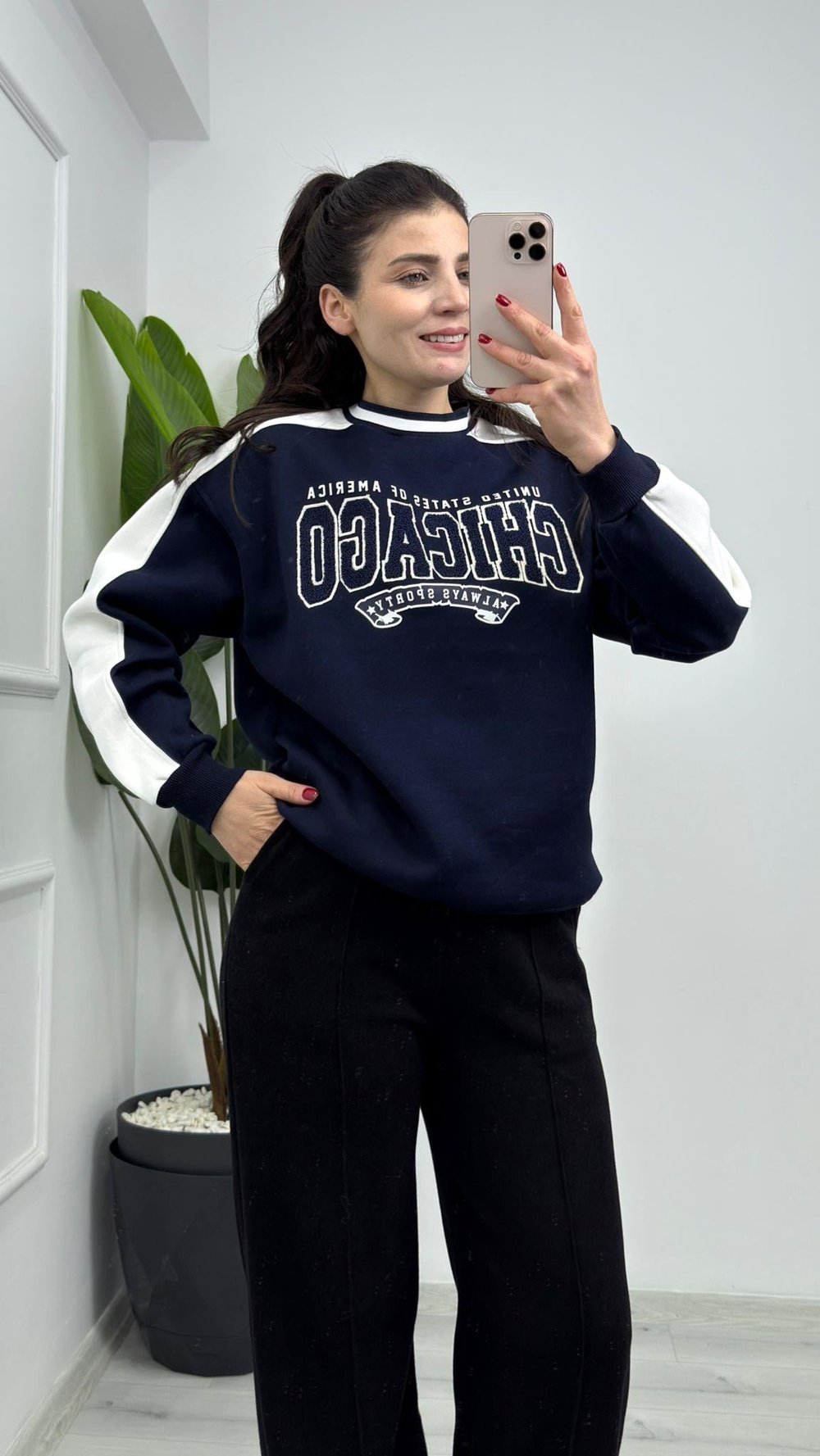 5802-Oversize İşleme Detaylı Sweatshırt Lacivert