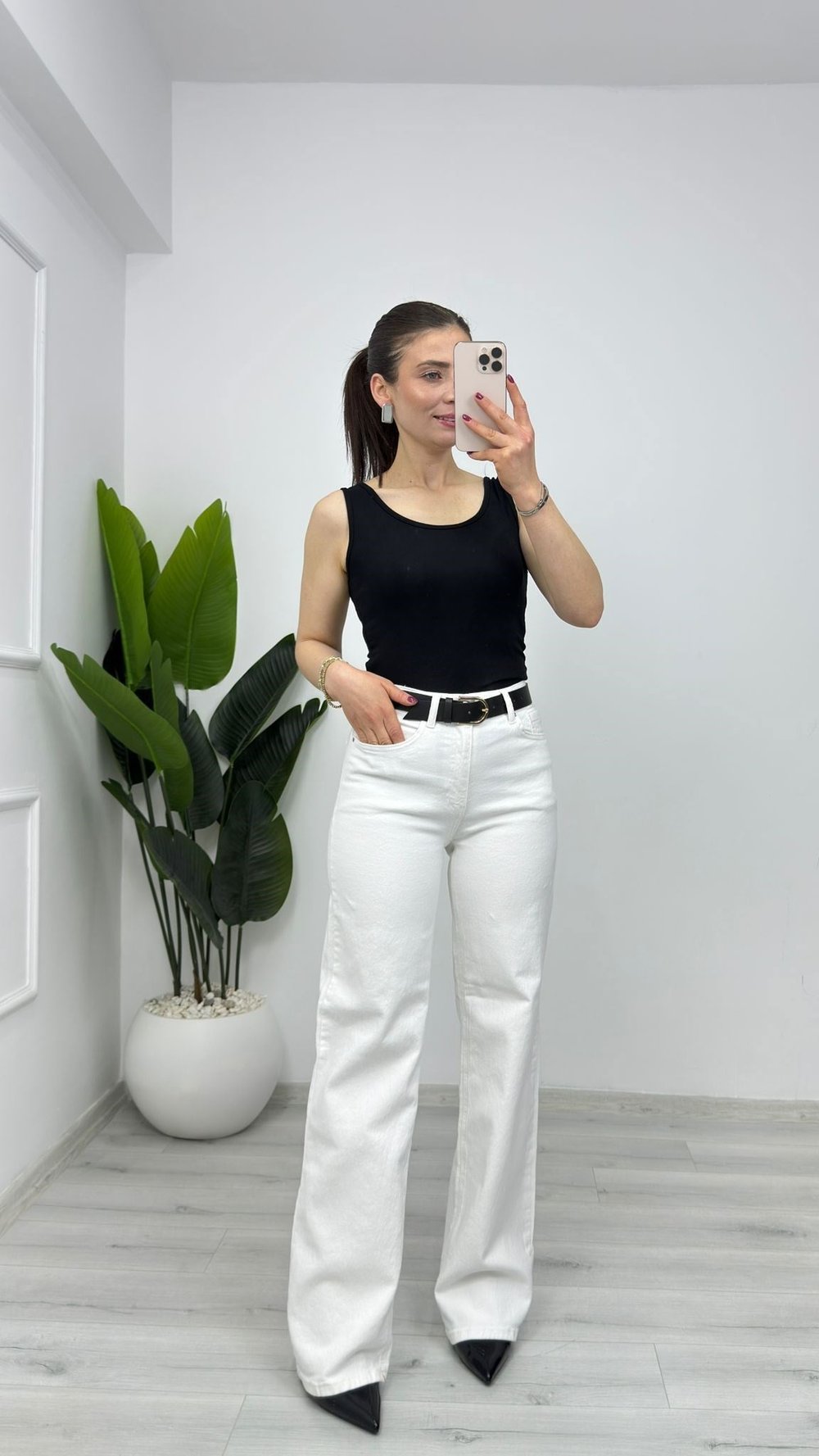 6138 Kemerli Straight Jean Beyaz