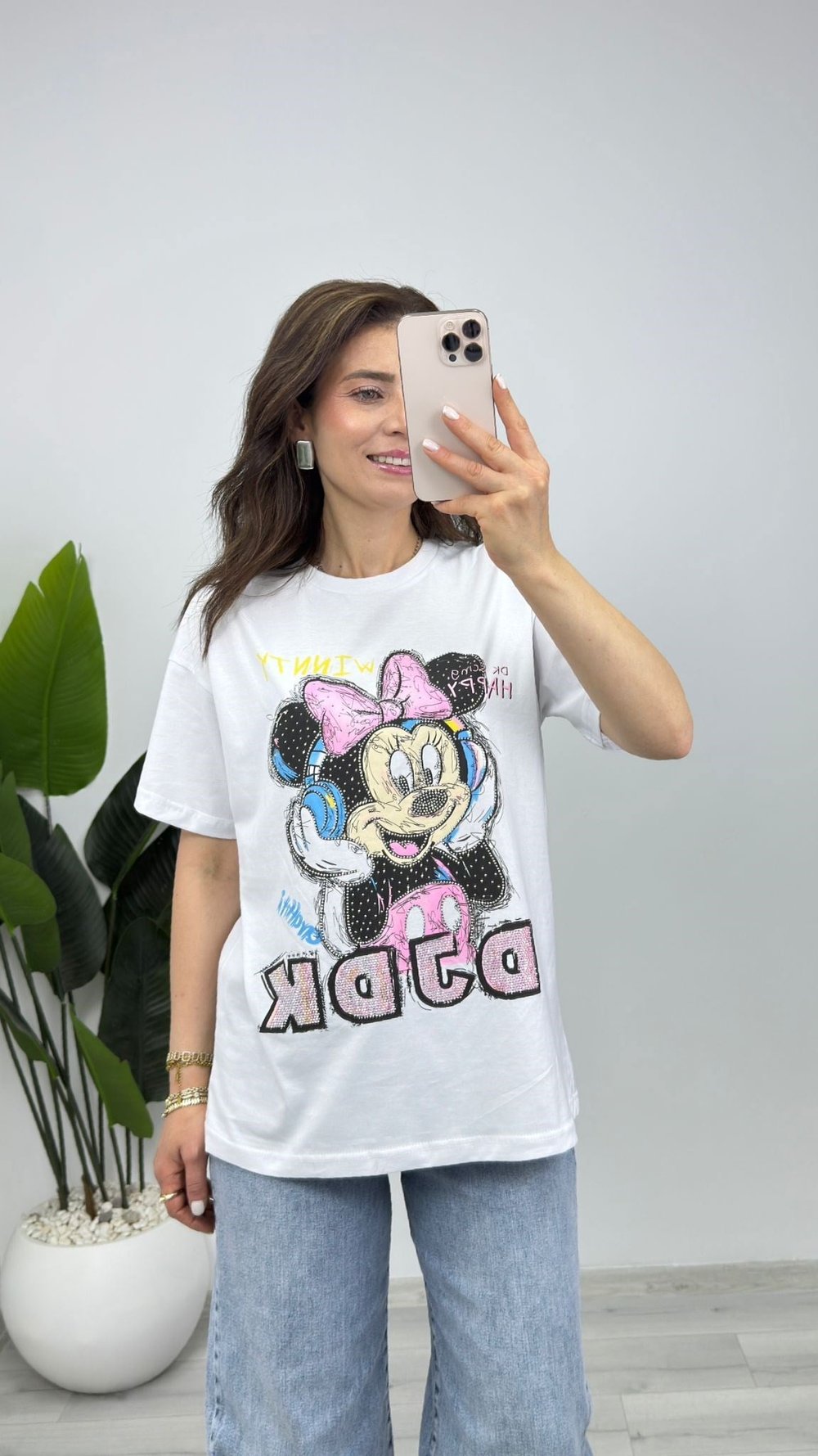 7727 Digital Baskılı Taşlı Basic Tişört Beyaz