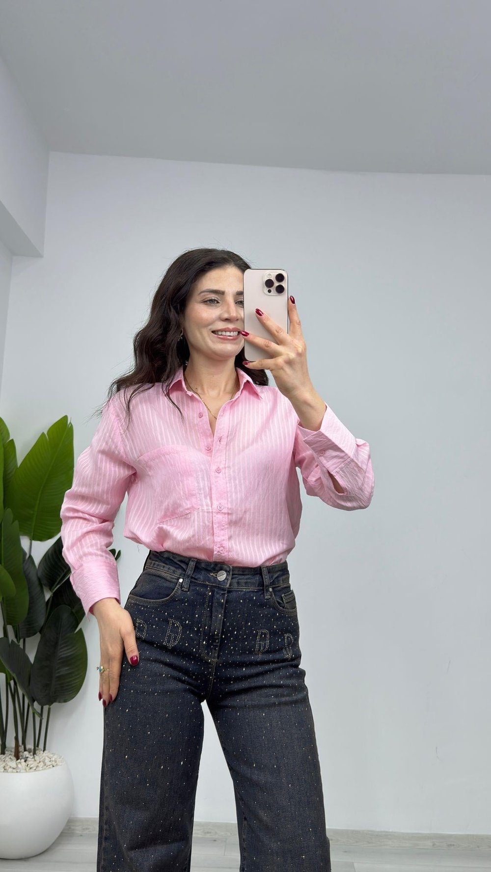 7843 Şerit Detaylı Ultra İnce Transparan Gömlek Pembe