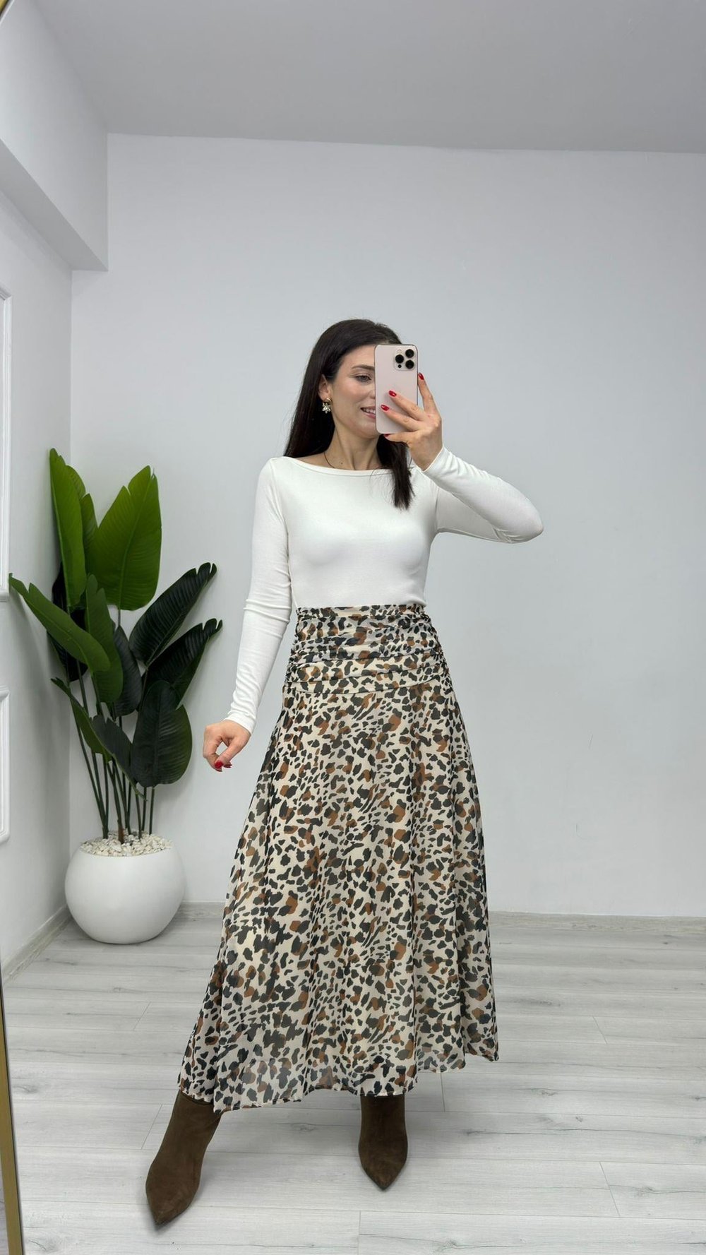 8432 Leopar Desenli Beli Drape Detaylı Maxi Boy Şifon Etek Siyah Bej