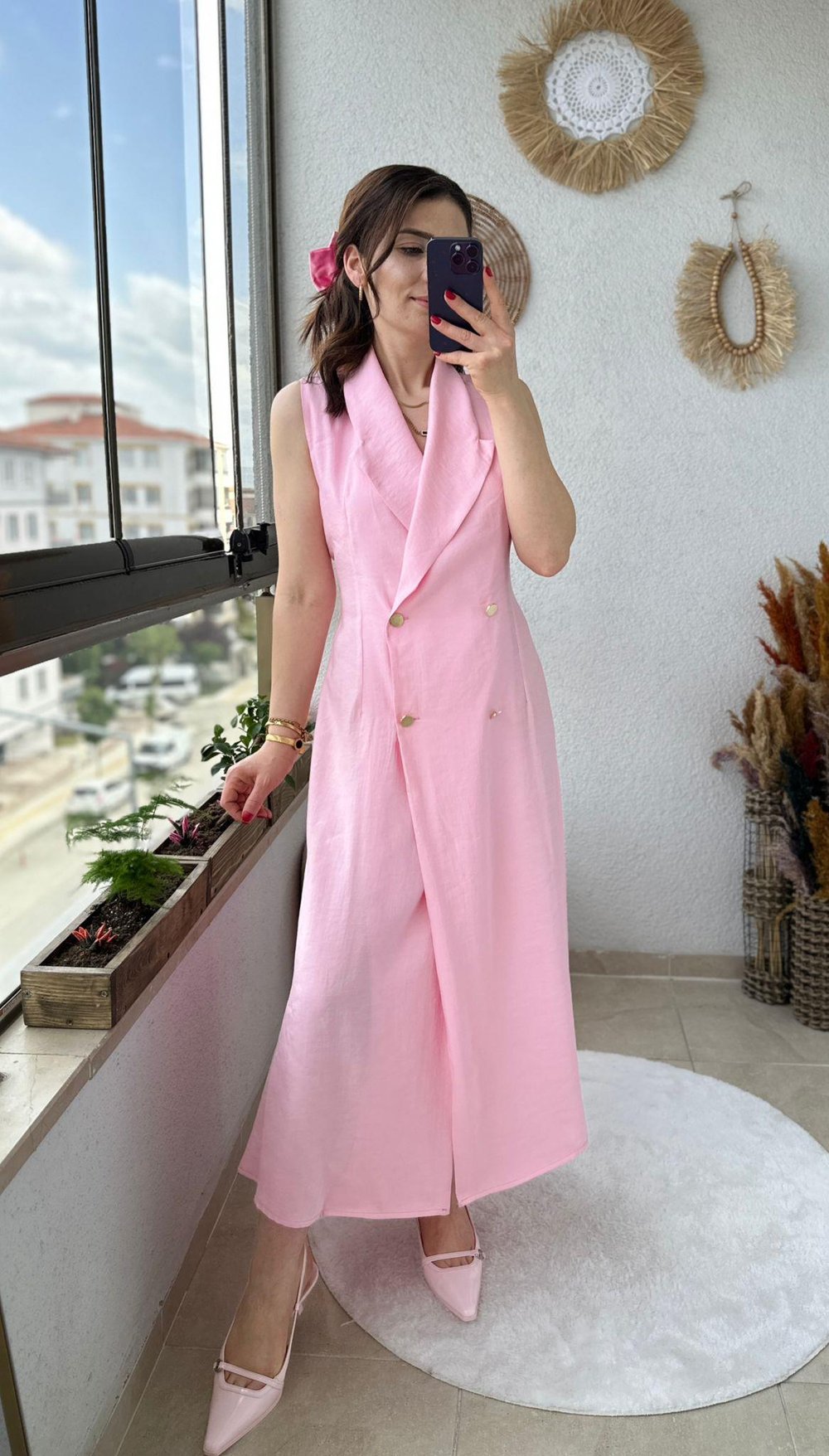 DÜĞME DETAYLI BEL LASTİKLİ KRUVAZE MODEL ELBİSE
