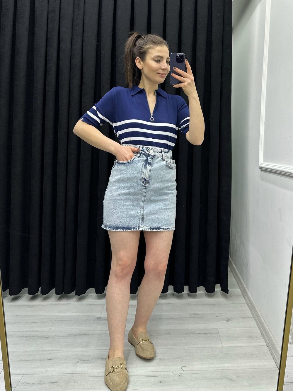 FERMUAR DETAYLI ŞERİTLİ TRİKO BLUZ