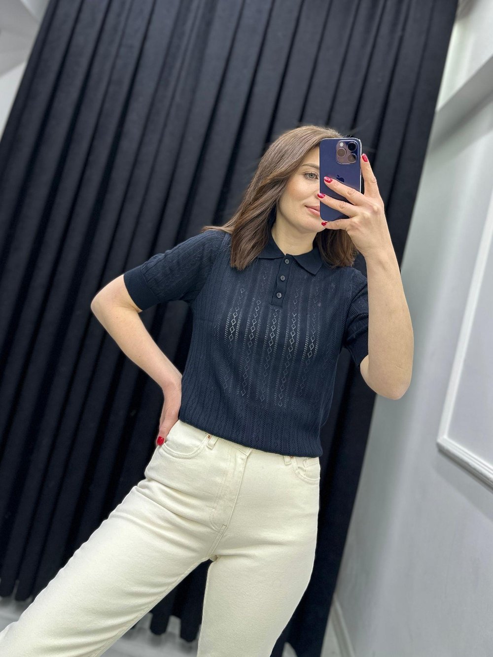 POLO YAKA TRANSPARAN GÖRÜNÜMLÜ TRİKO BLUZ