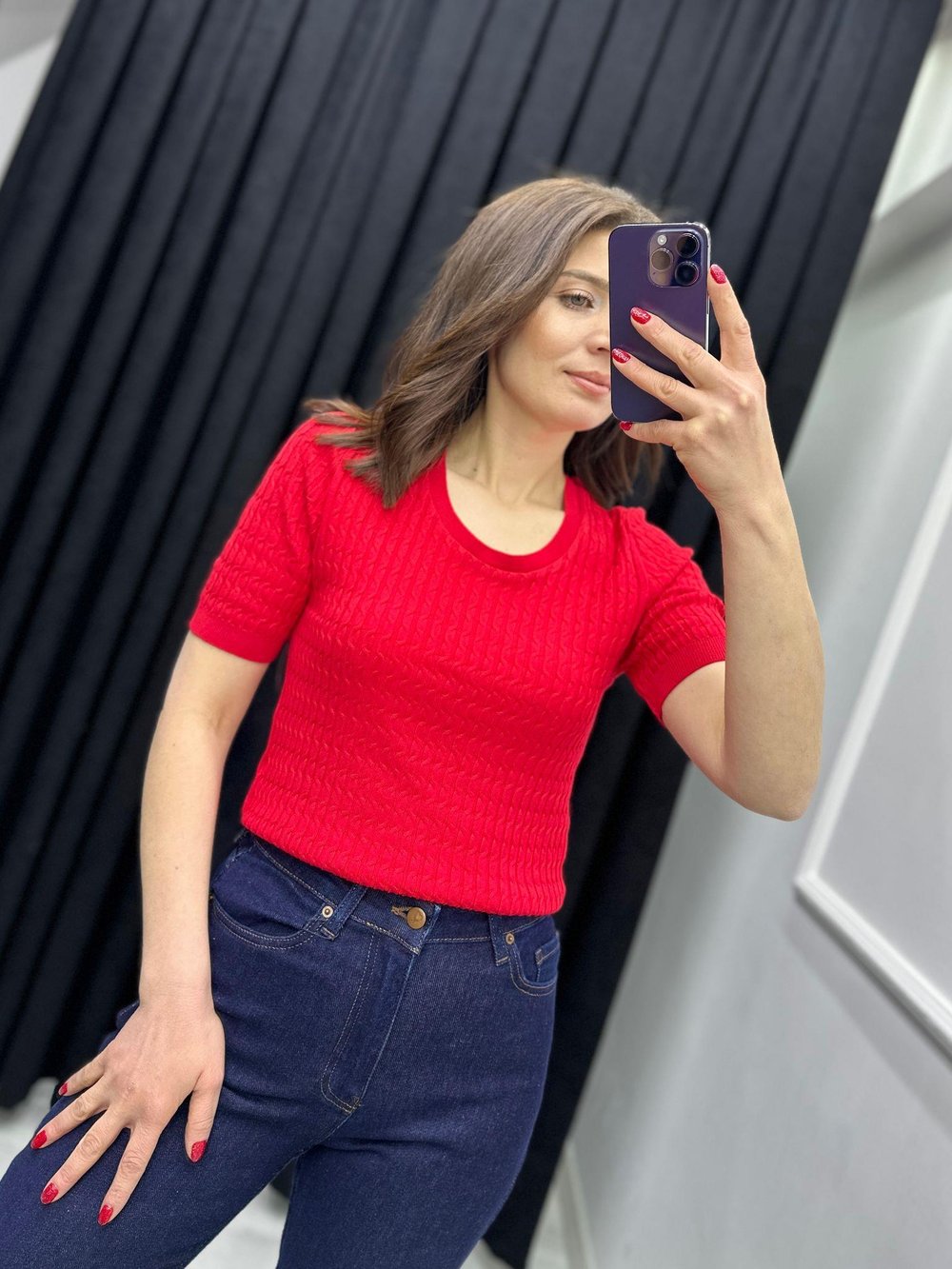 U YAKA ÖRGÜ DETAYLI KISA KOLLU TRİKO BLUZ