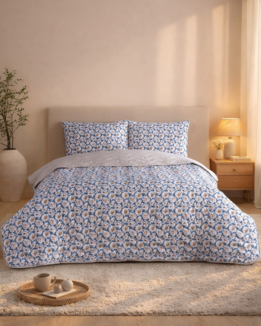 Premium Çift Kişilik Pamuklu Kapitone Çok Amaçlı Pike & Yatak Örtüsü / Soft Mavi
