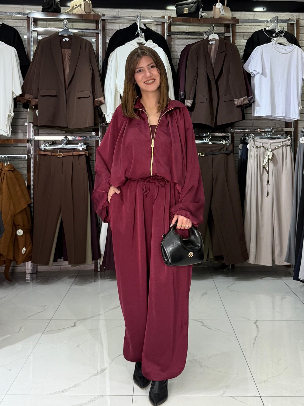 Bomber Ceketli Bordo Saten Takım 