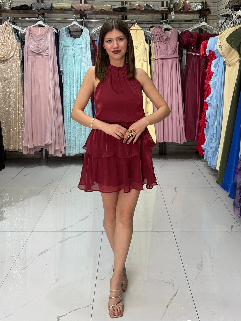Bordo Şifon Elbise