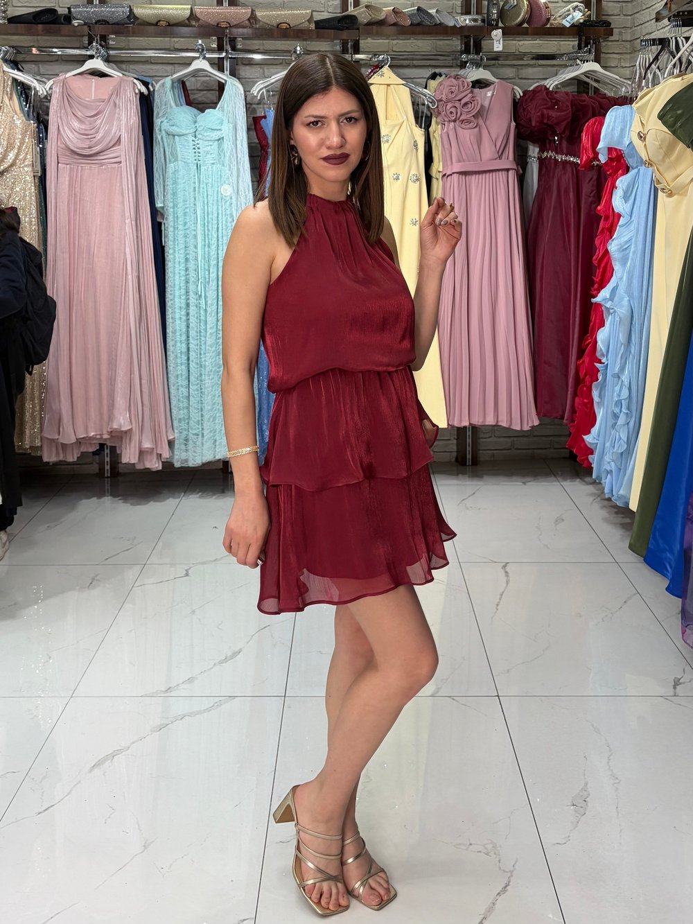 Bordo Şifon Elbise