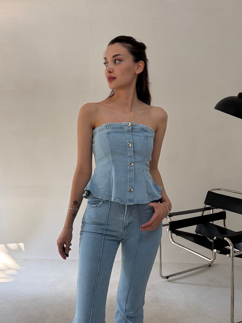 Buz Mavi Straplez Denim Takım
