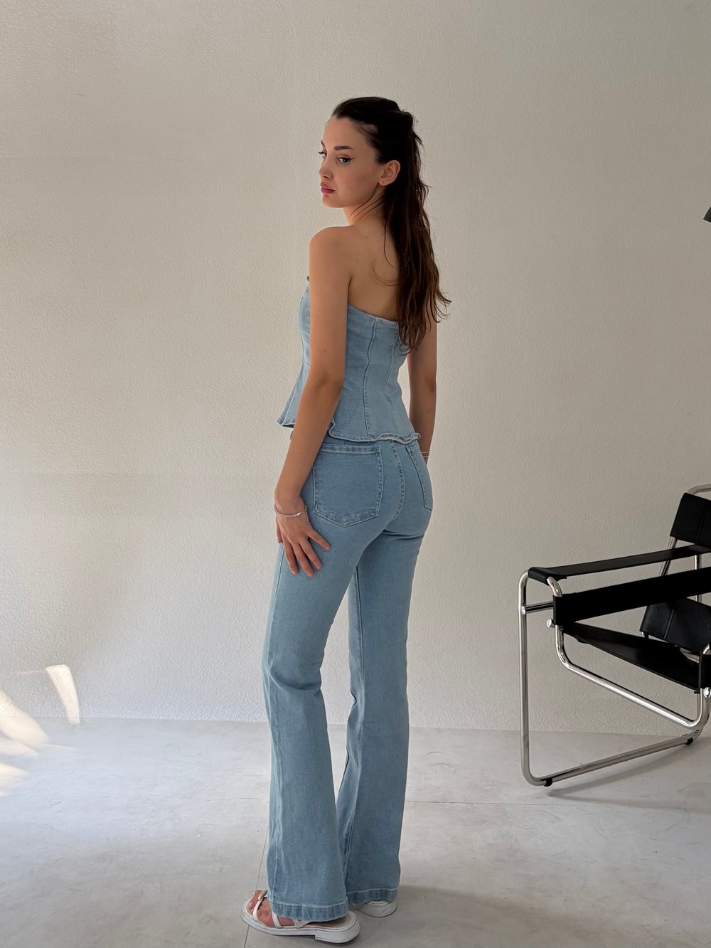 Buz Mavi Straplez Denim Takım