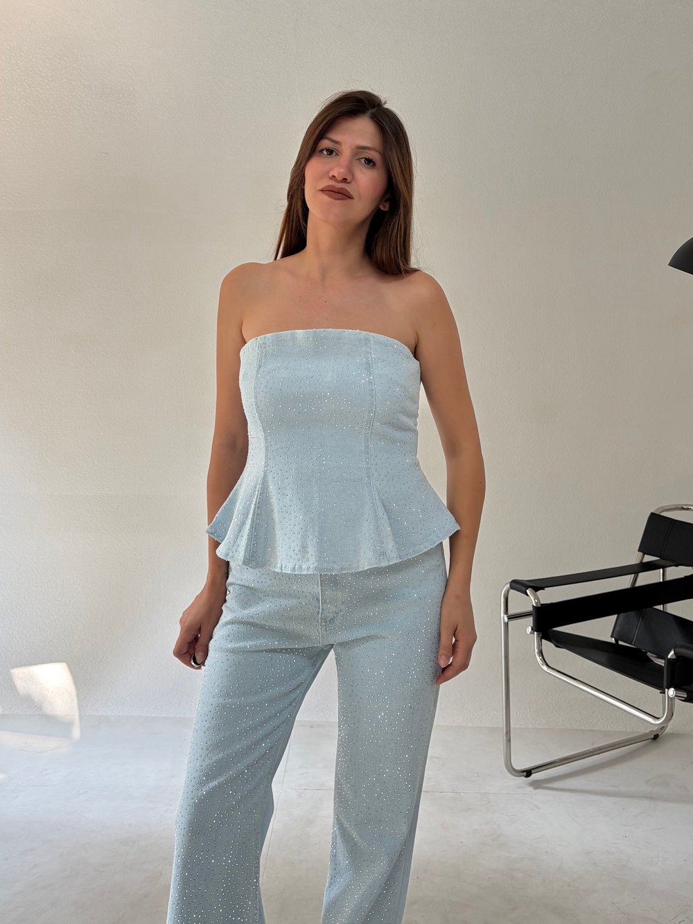 Buz Mavi Straplez Taşlı Denim Takım