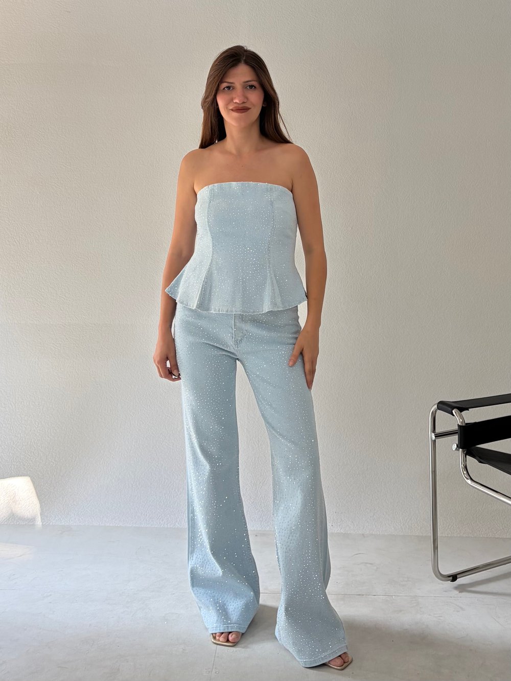 Buz Mavi Straplez Taşlı Denim Takım