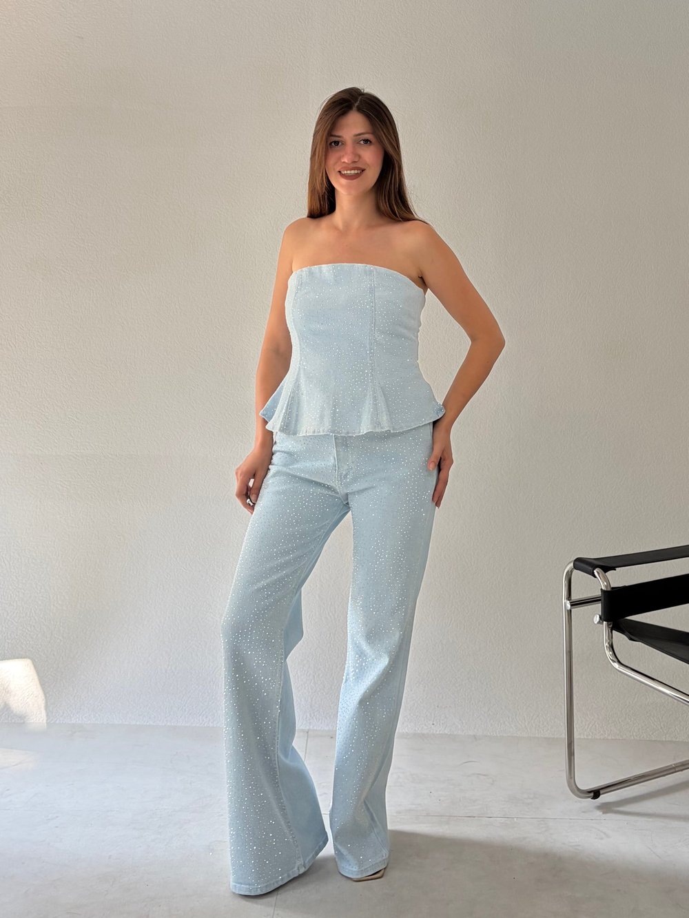 Buz Mavi Straplez Taşlı Denim Takım