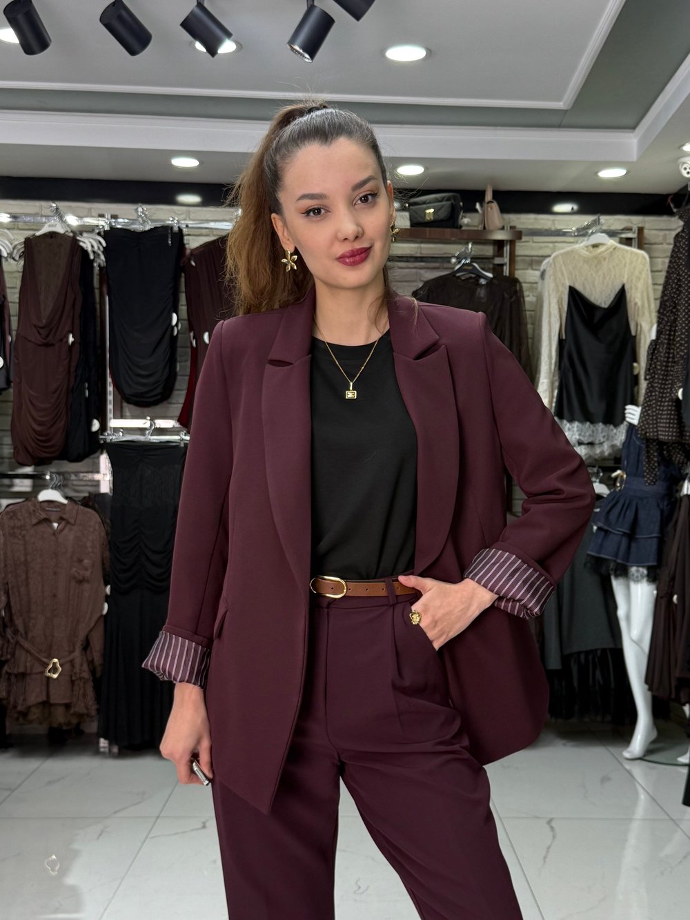 Çizgili Astarlı Mürdüm Blazer