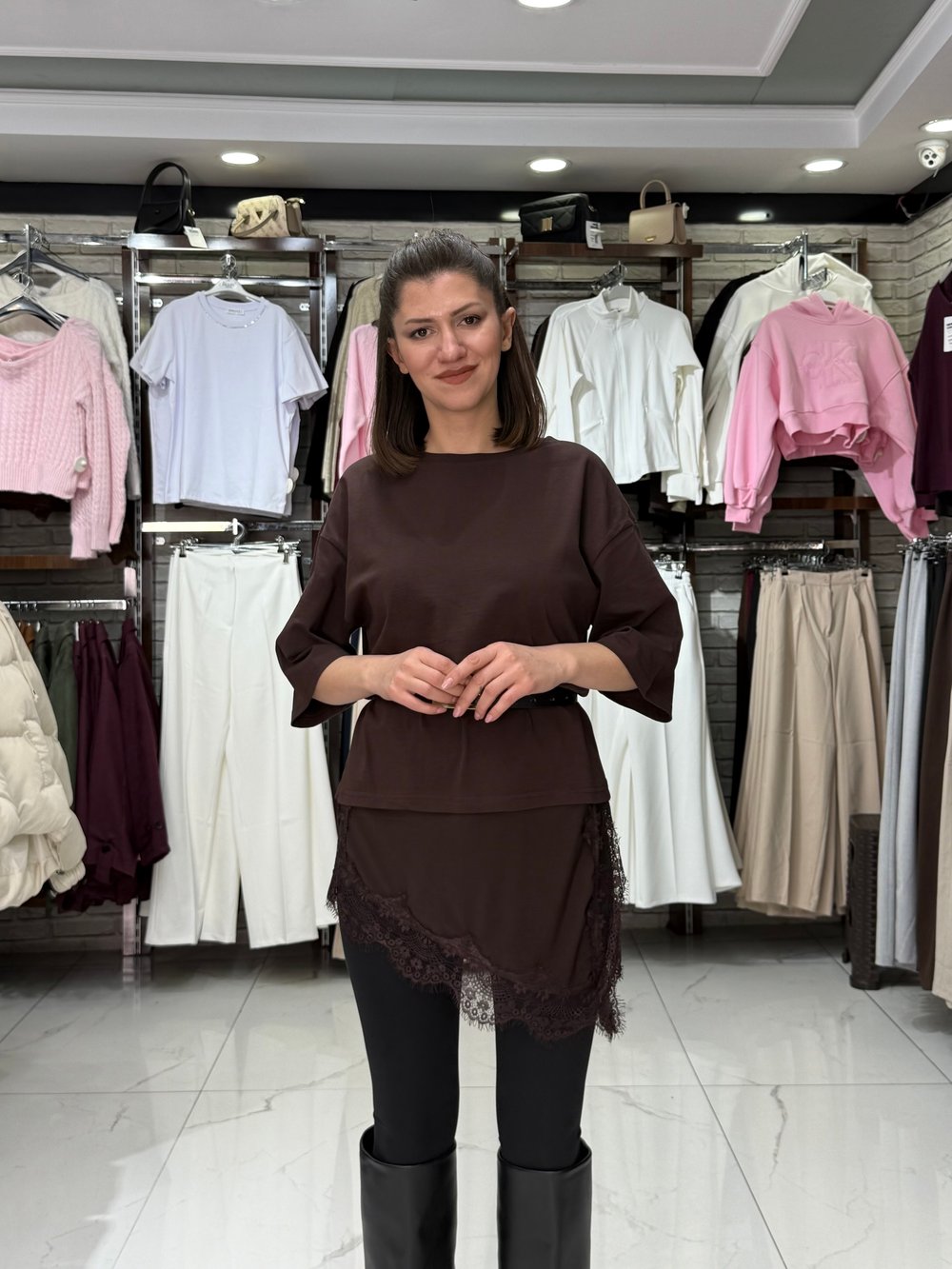 Dantel Detay Acı Kahve T-shirt