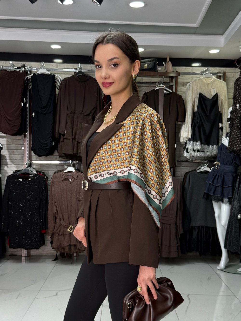 Fularlı Kahve Blazer Ceket