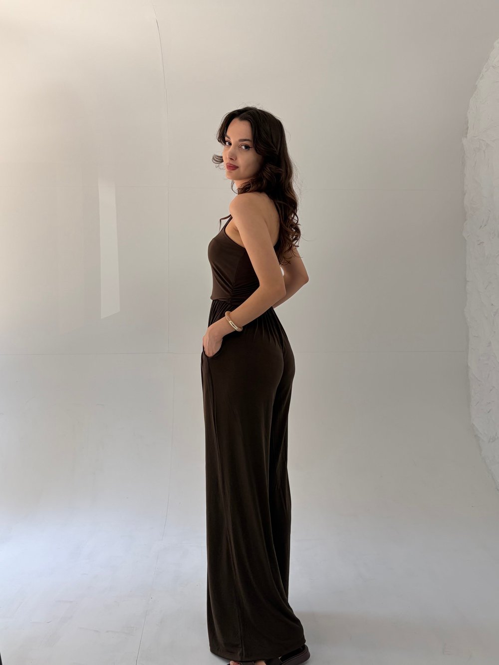 Kahve Tek Omuz Büzgülü Tulum