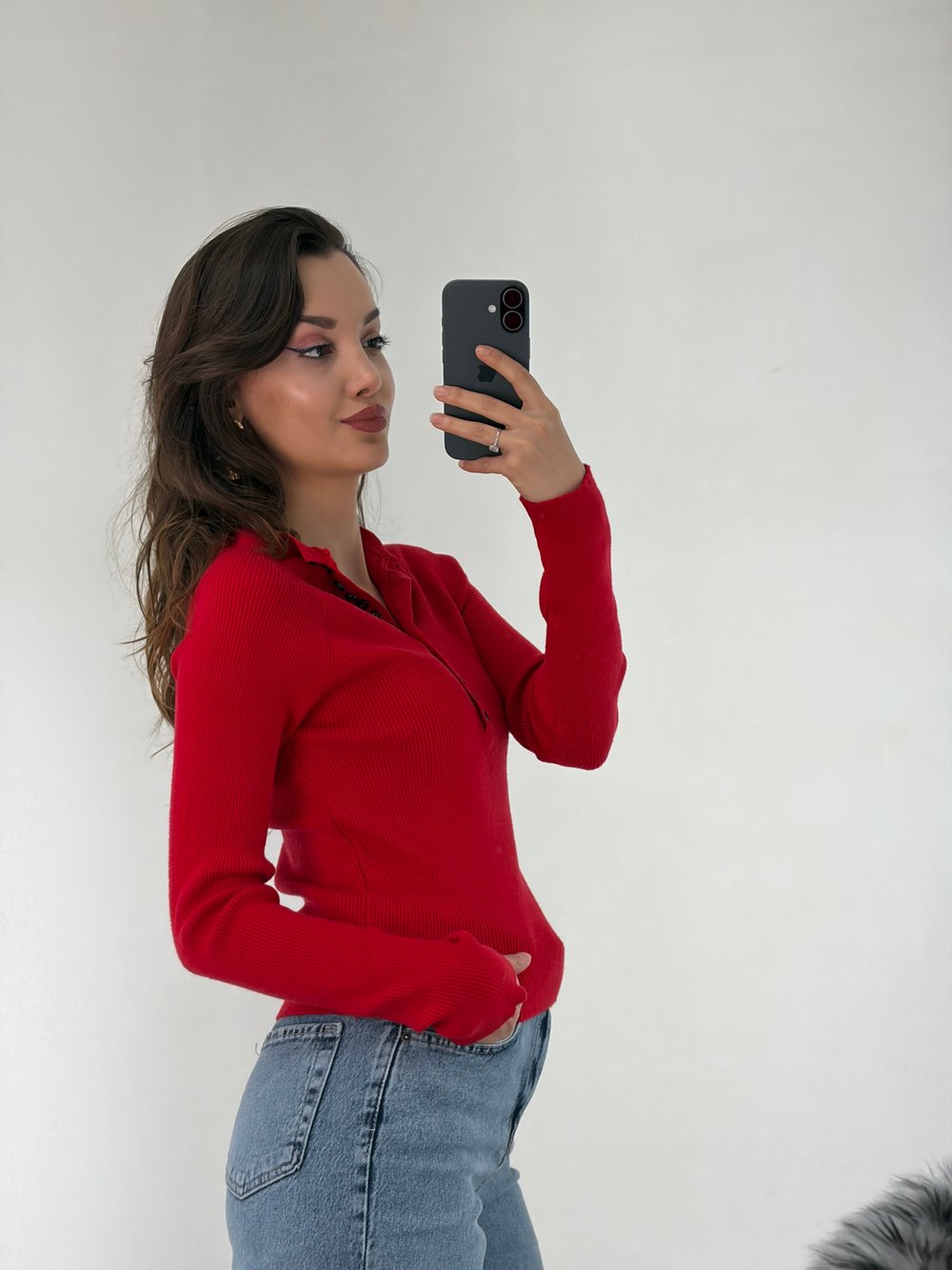 Kırmızı Çok Düğmeli İtalyan Kesim Basic Triko