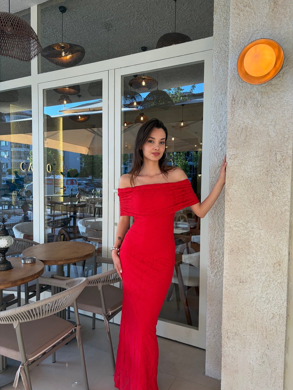 Kırmızı Kayık Yaka  Kolsuz  Dantel Elbise