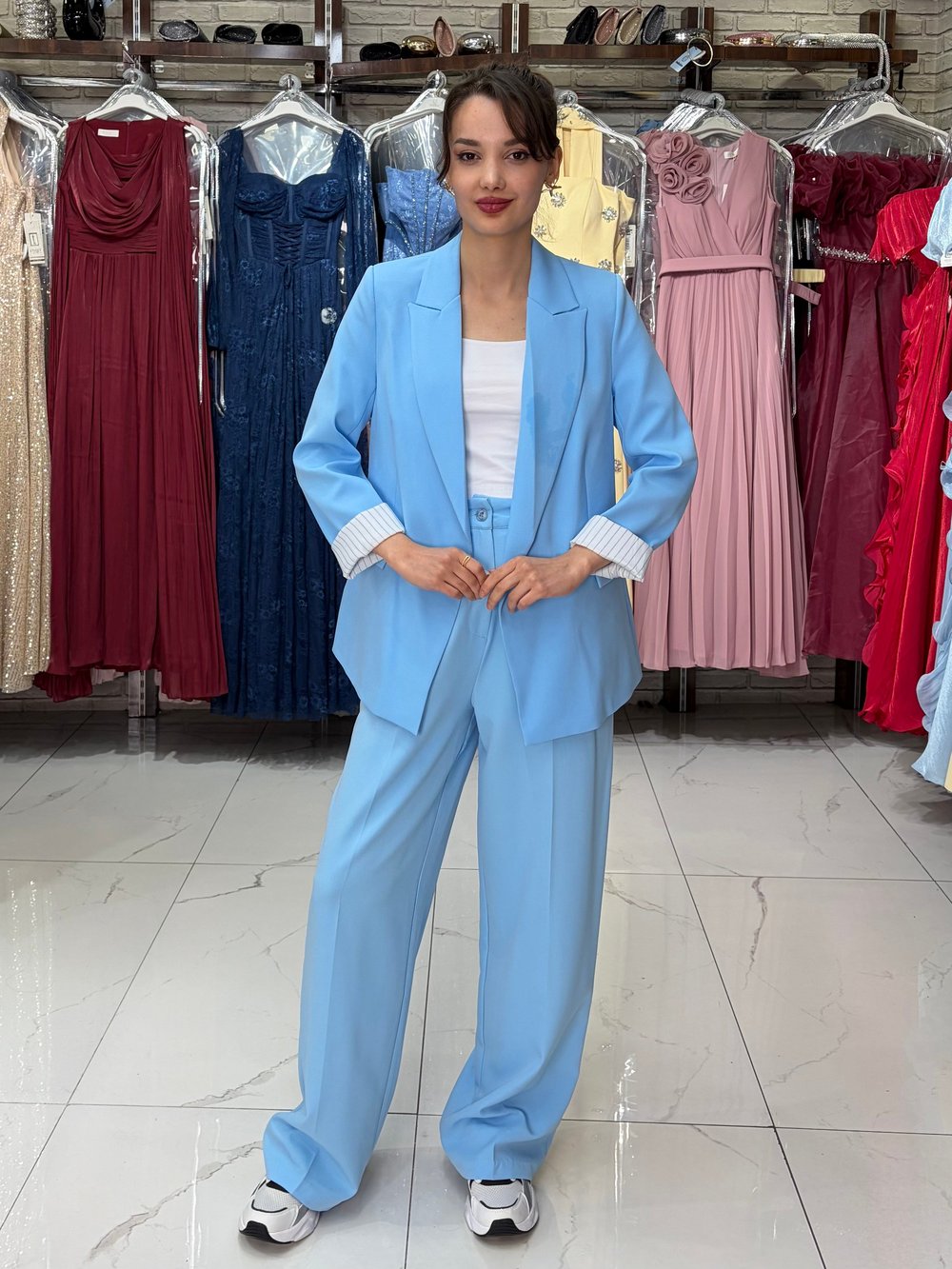 Mavi Kol Katlamalı Duble Blazer