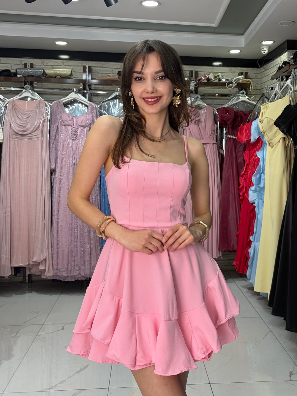 Pembe Askılı Mezuniyet Elbisesi