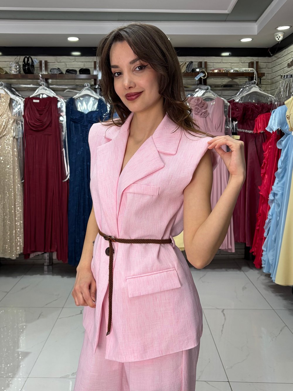Pembe Hasır Kemerli Keten Yelek