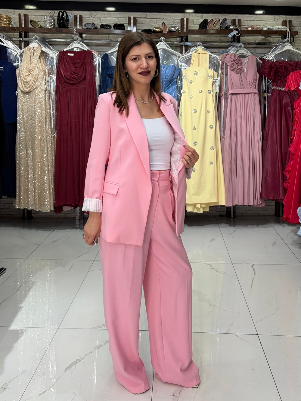 Pembe Kol Katlamalı Duble Blazer