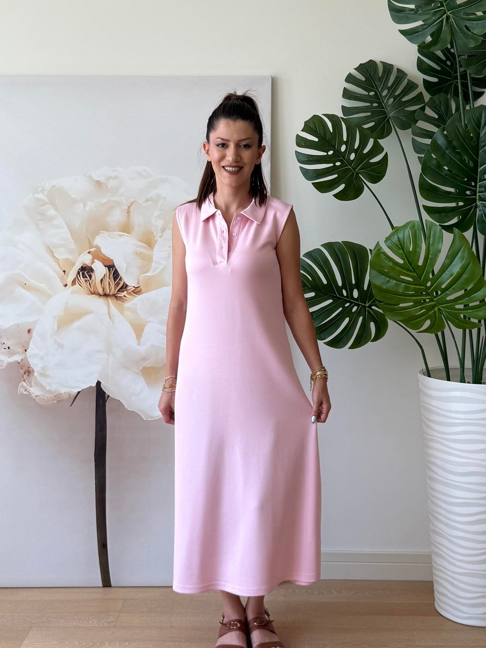 Polo Yaka Elbise Pembe