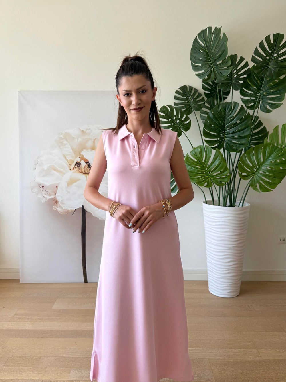 Polo Yaka Elbise Pembe