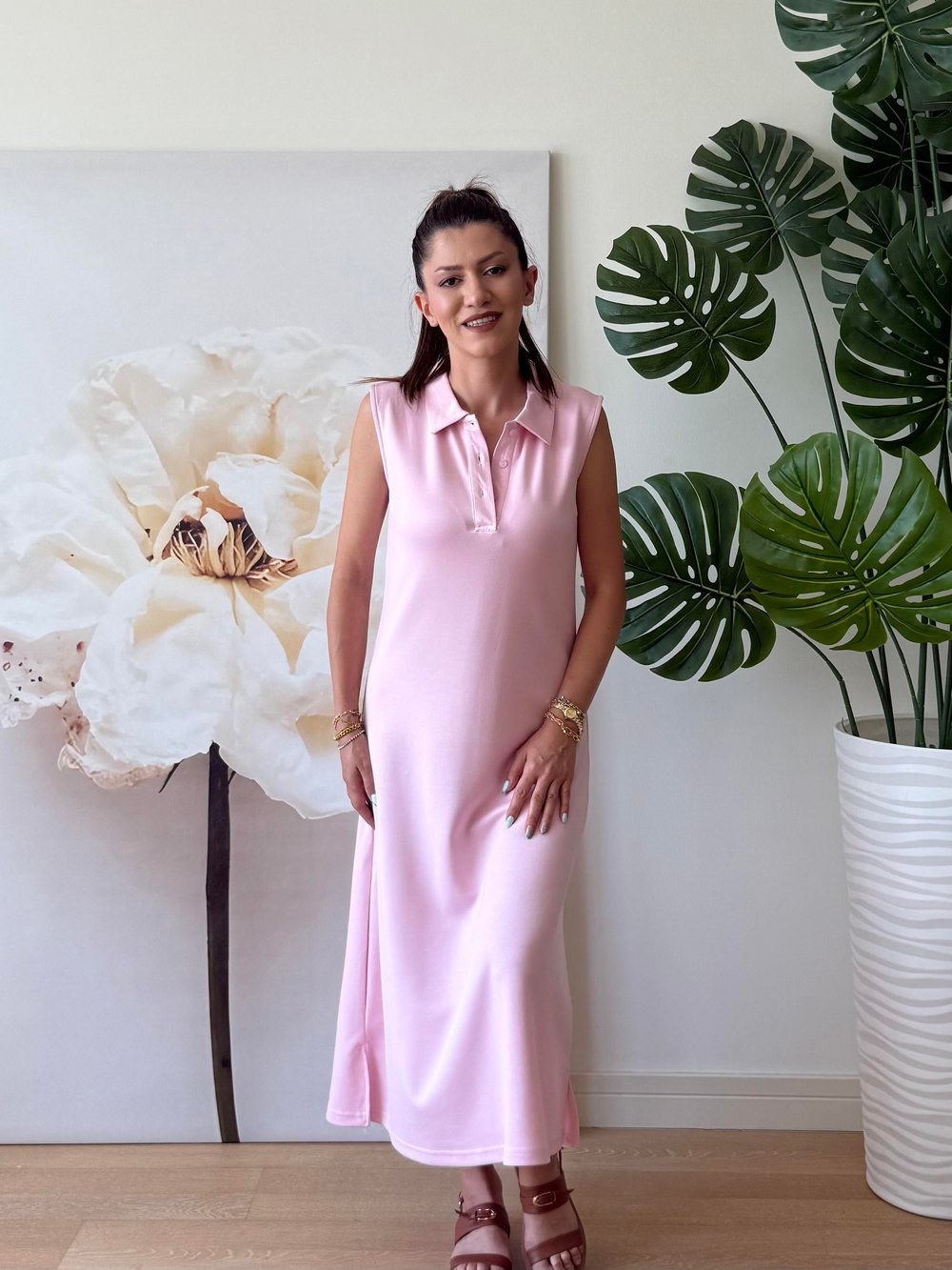 Polo Yaka Elbise Pembe