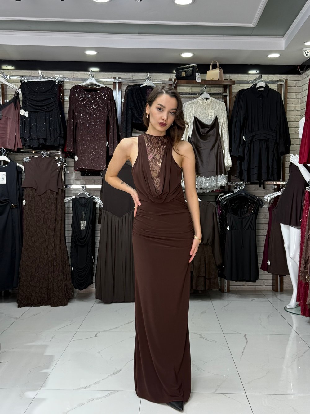 Sandy Kumaş Dantel Detay Acı Kahve Elbise
