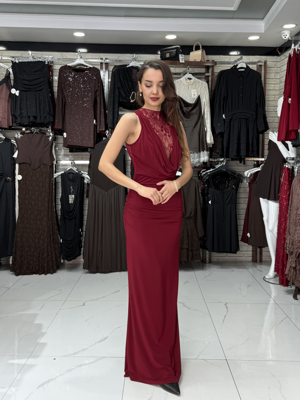 Sandy Kumaş Dantel Detay Bordo Elbise