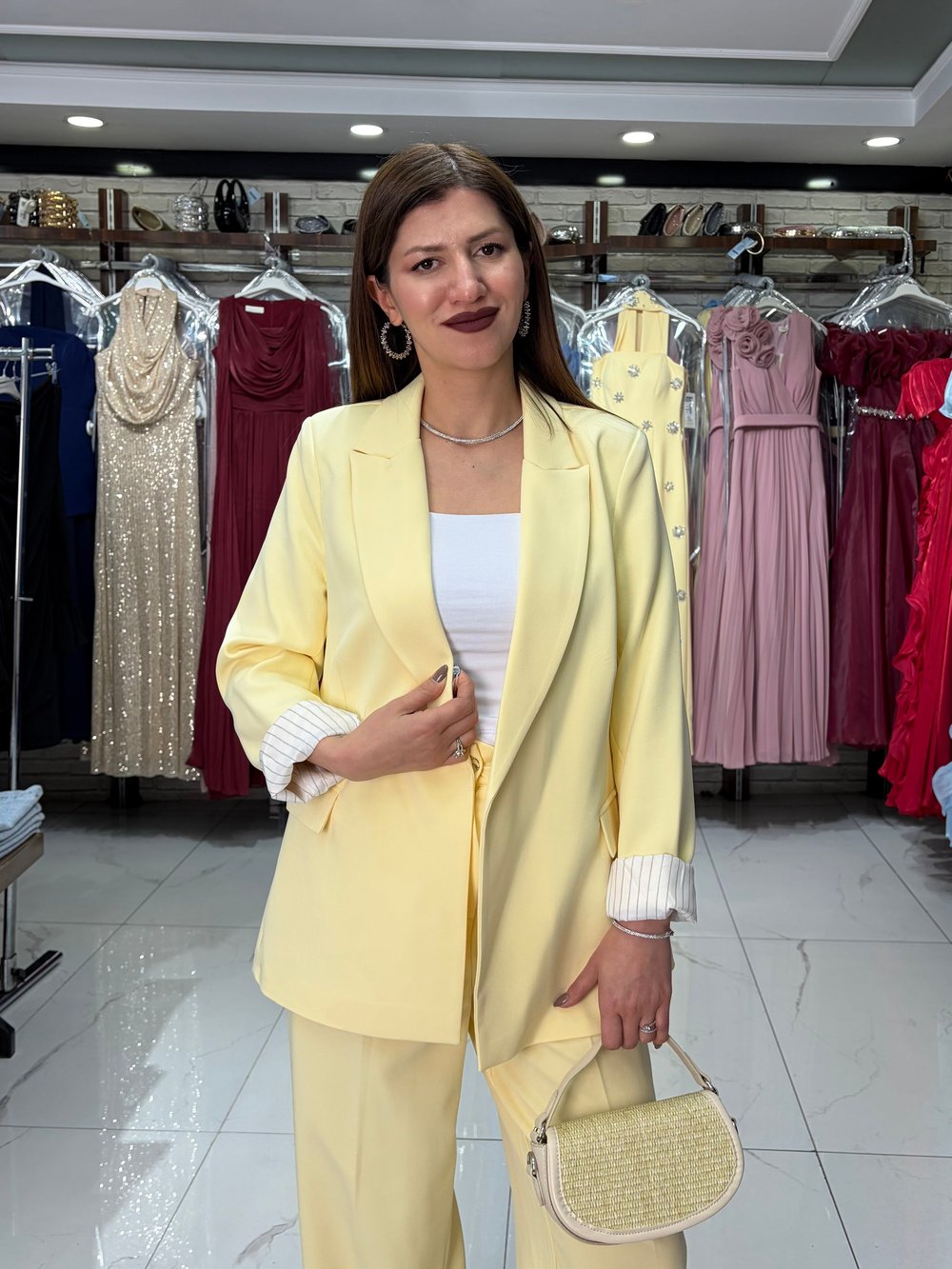 Sarı Kol Katlamalı Duble Blazer