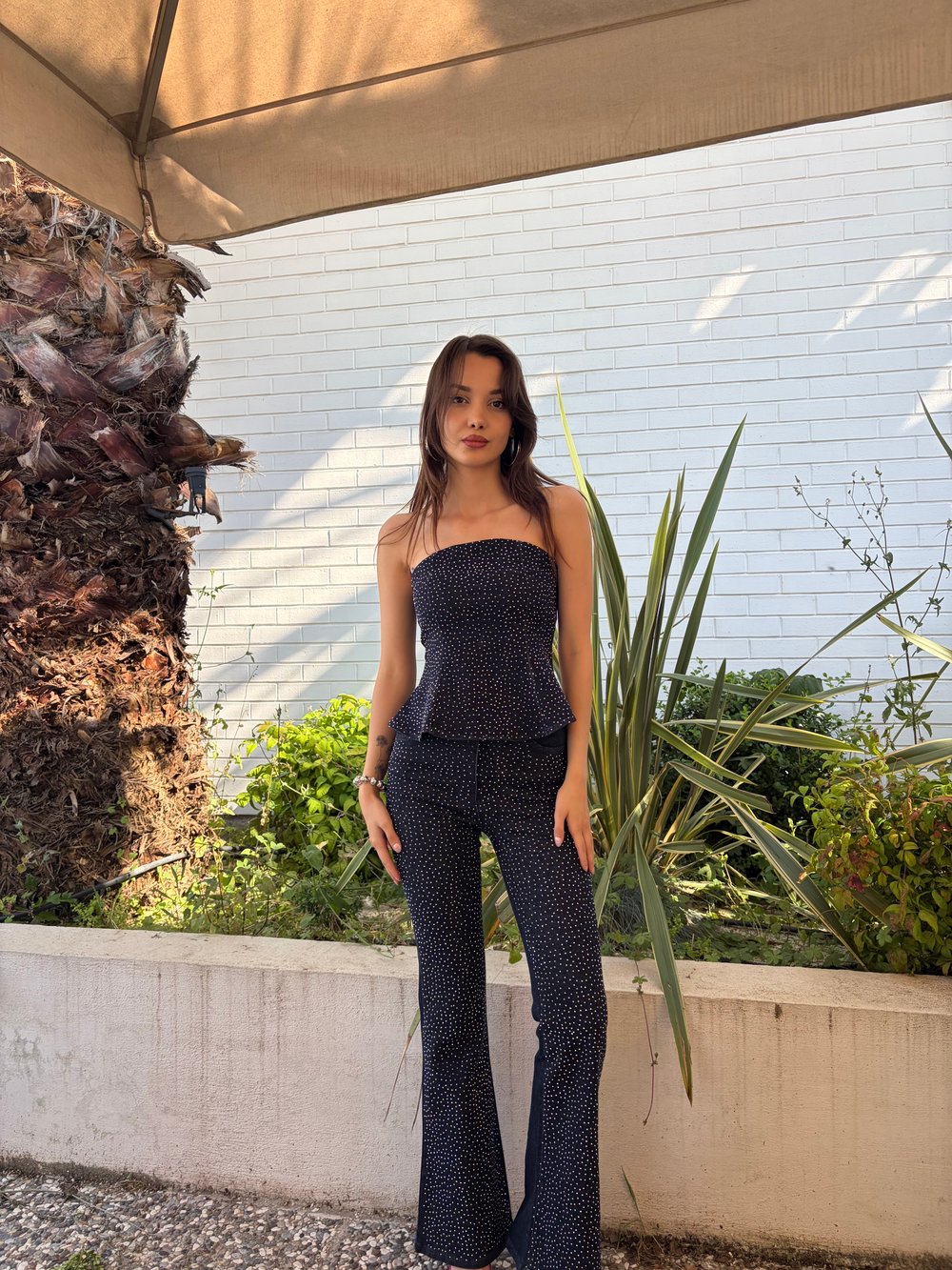 Straplez Taşlı Denim Takım