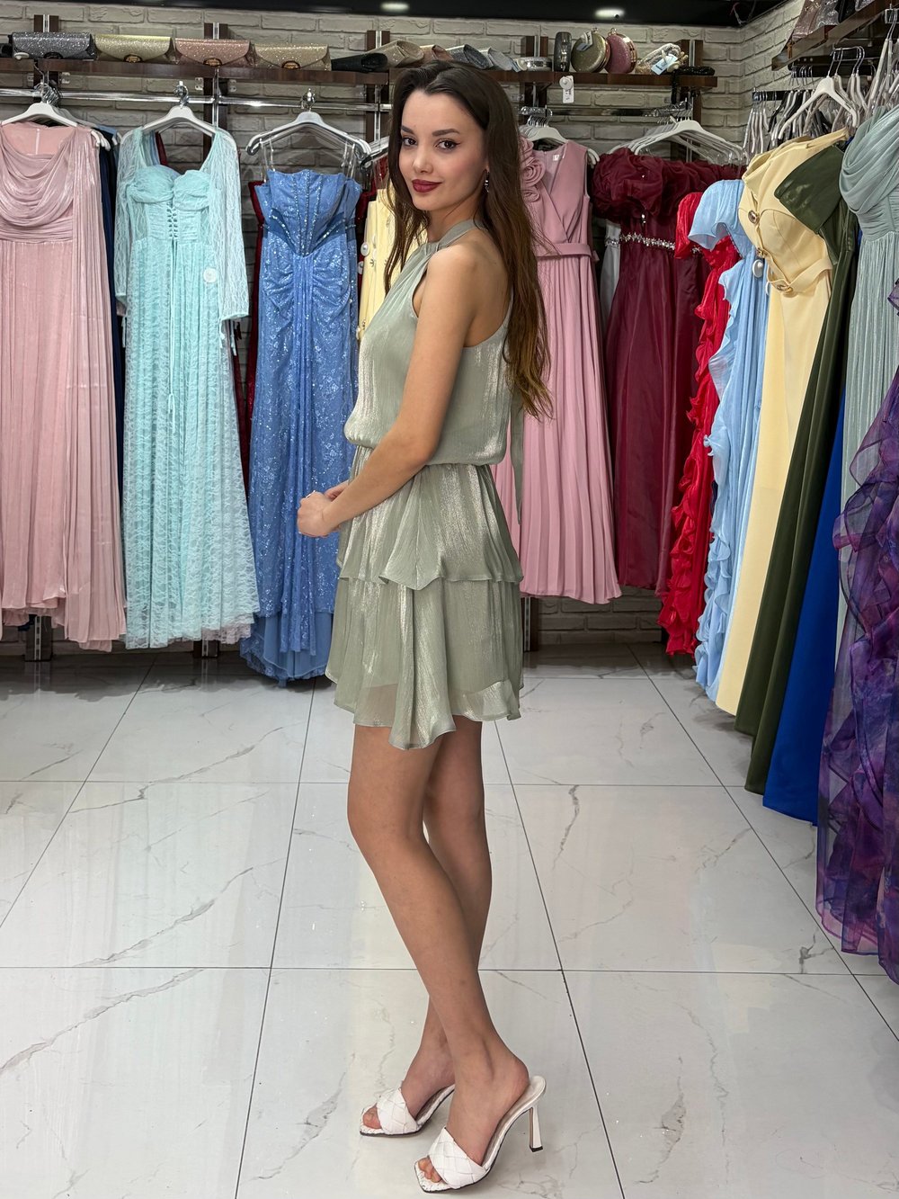Su Yeşili Şifon Elbise