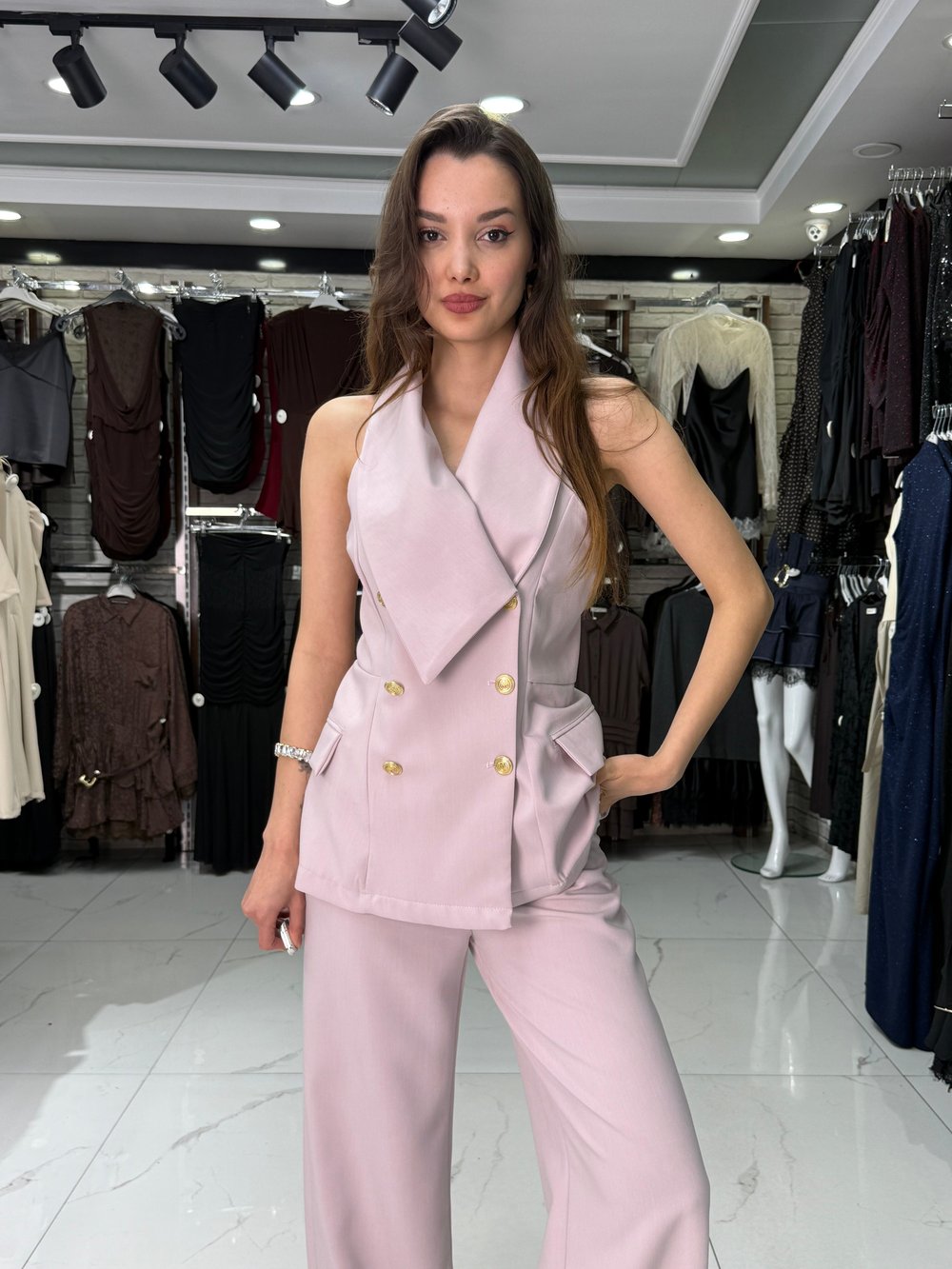 Toz Pembe Yelek Pantolon Takım