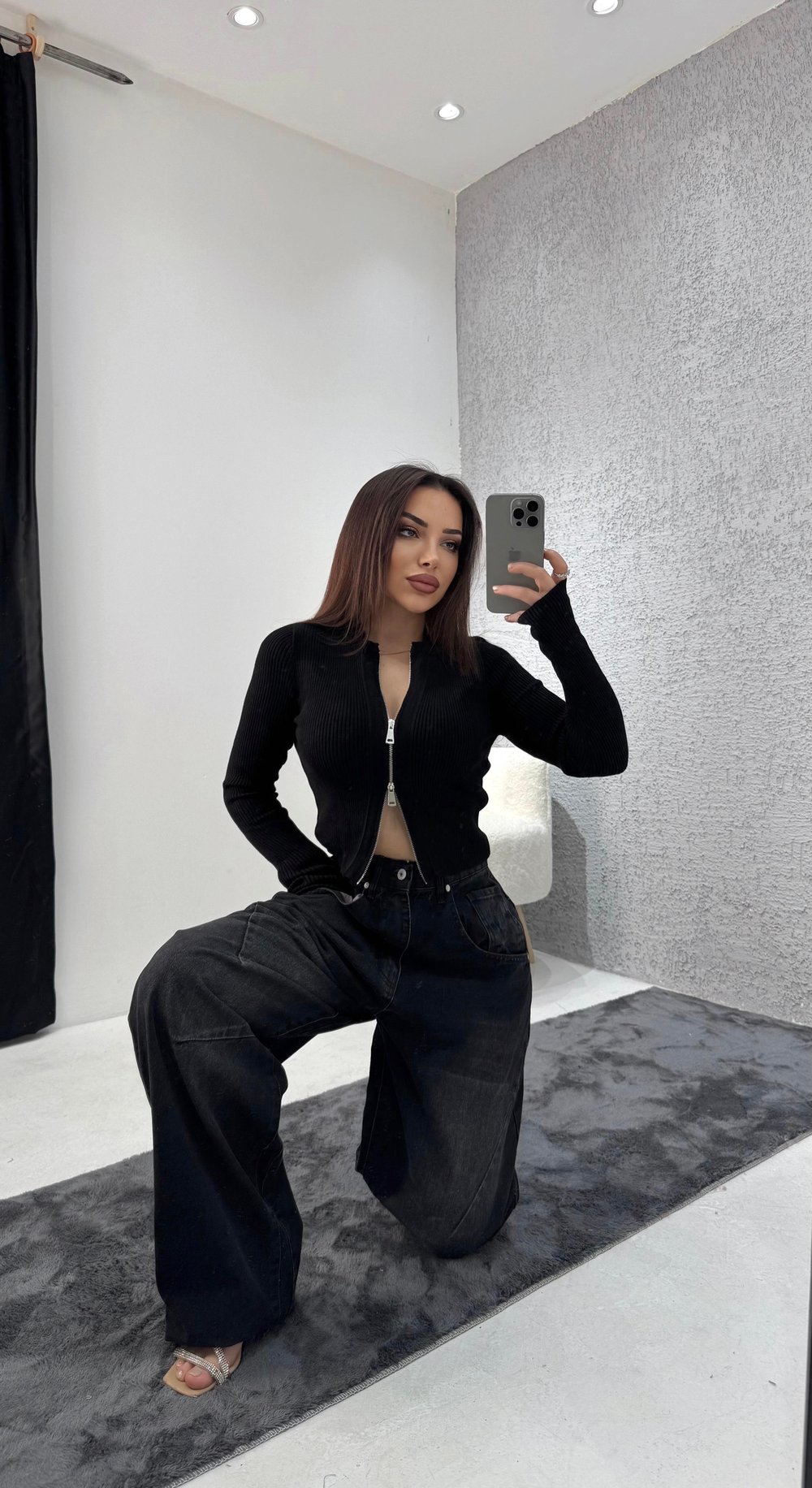 Kadın Vintage Wash Yüksek Bel Geniş Paça Jean Siyah