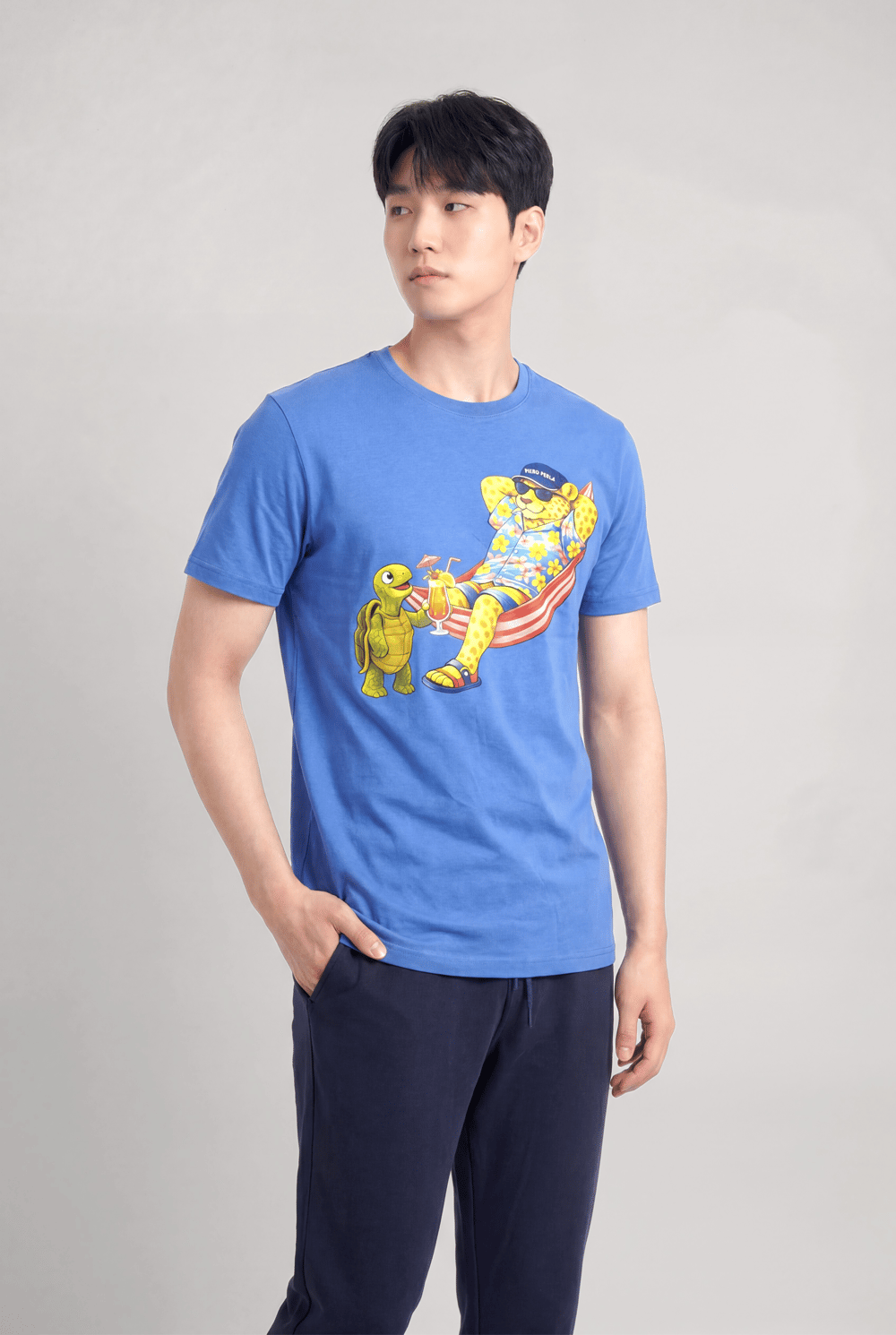 Jaguar Baskı Detaylı Bisiklet Yaka Regular Fit Erkek Mavi T-Shirt