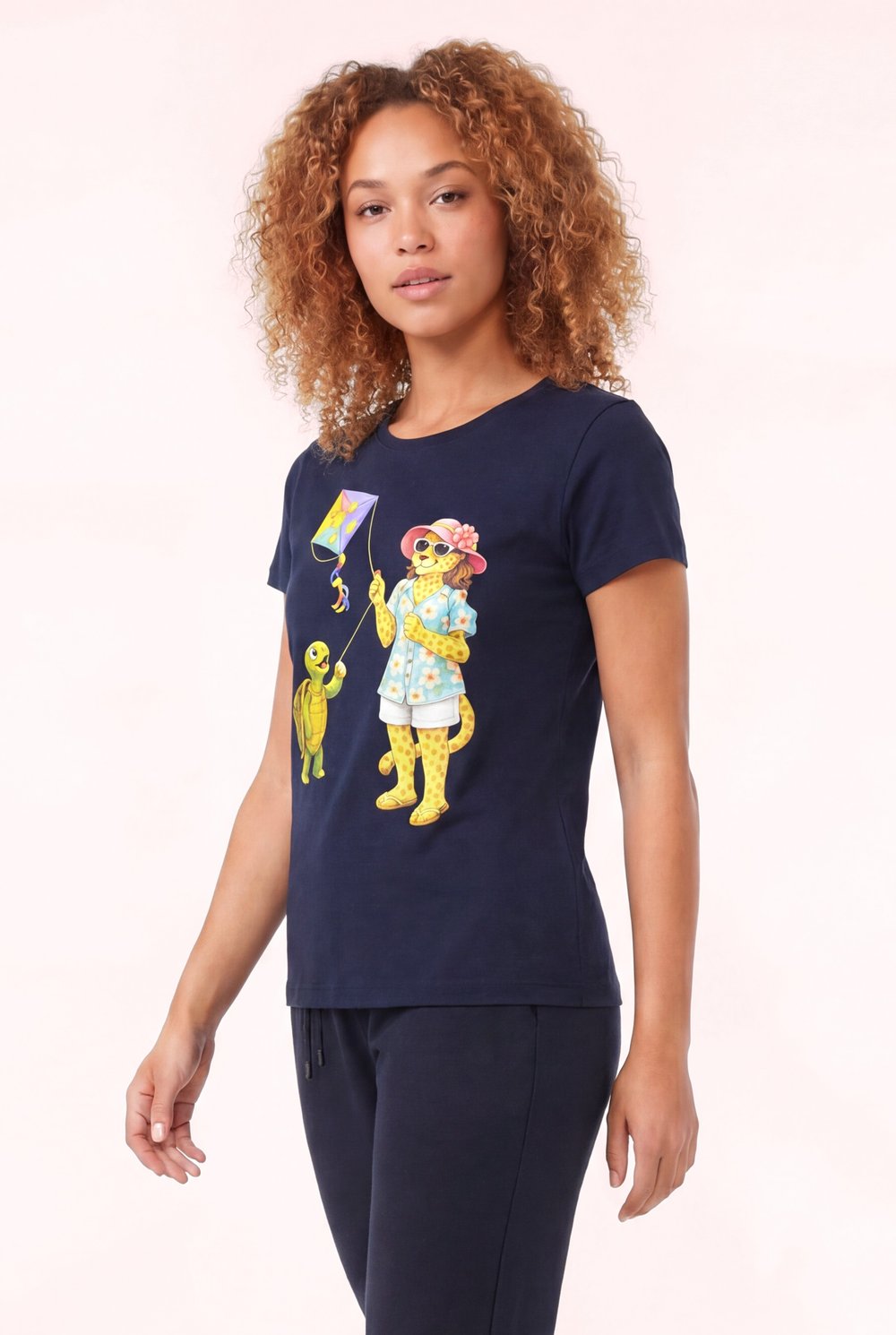 Jaguar Baskı Detaylı Bisiklet Yaka Slim Fit Kadın Lacivert T-Shirt